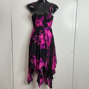 Black & Hot Pink Floral Asymmetrical Handkerchief Hem Dress Size S/M - NWOT